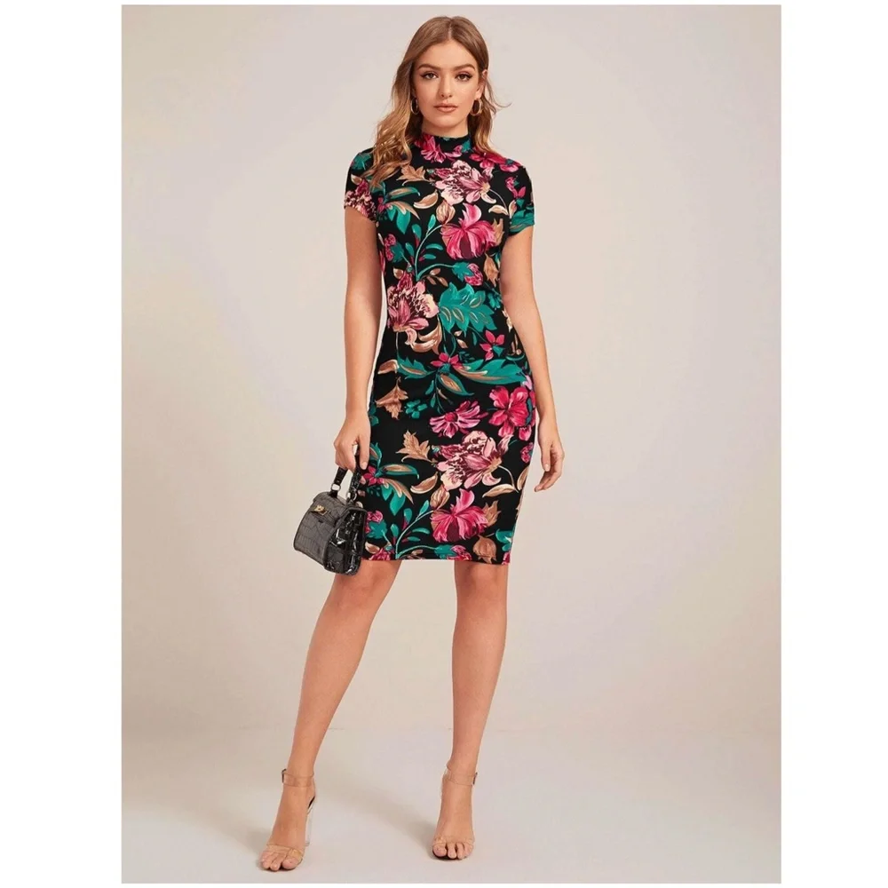 Floral Pattern Black Slim Dress Knee Length - Picture 2 of 9